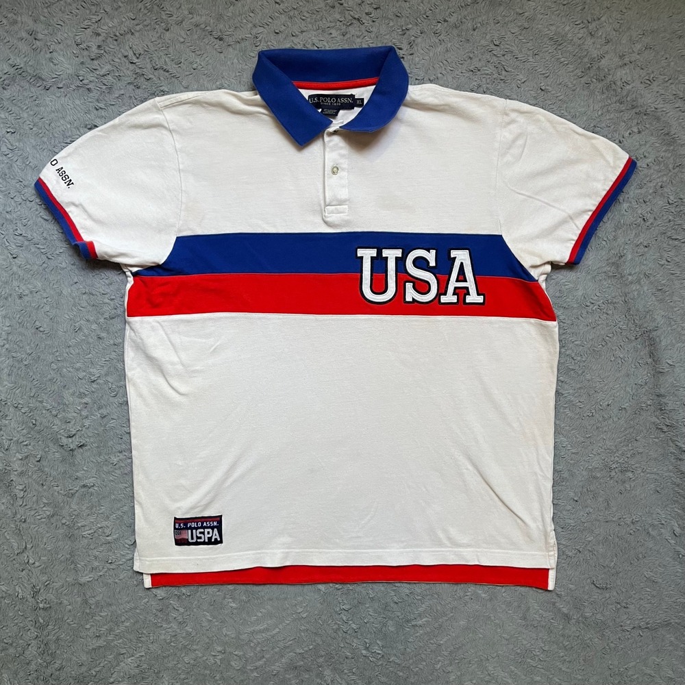 US Polo Assn Mens XL Polo Shirt White Blue Red USA Embroidered Colorblock Y2K